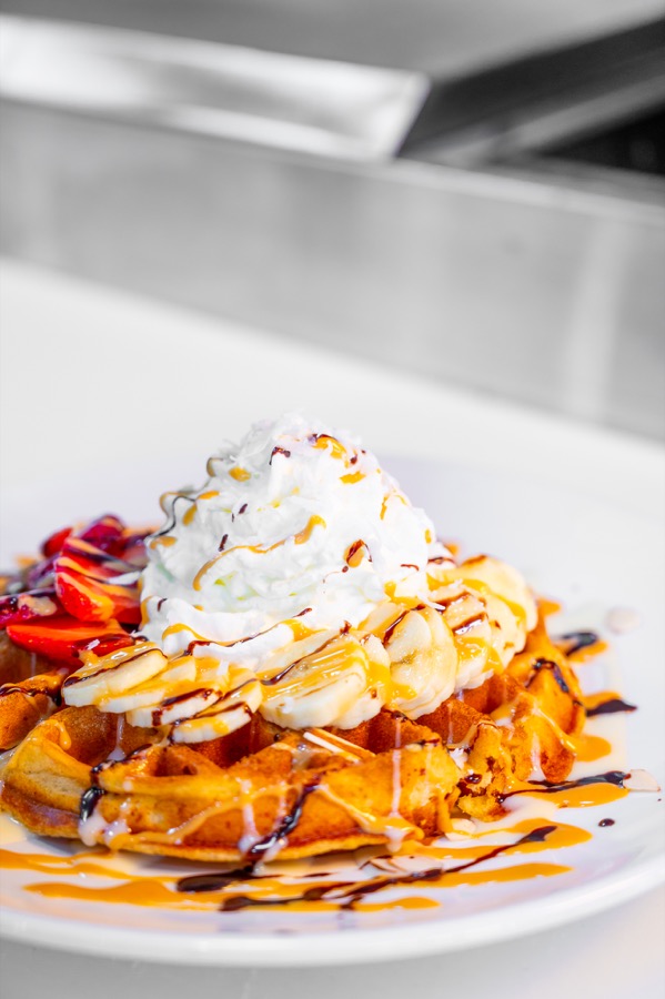 Tres leches waffle dessert at Crepeccino